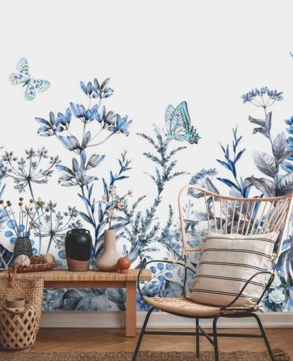 blauw en wit bloemenbehang