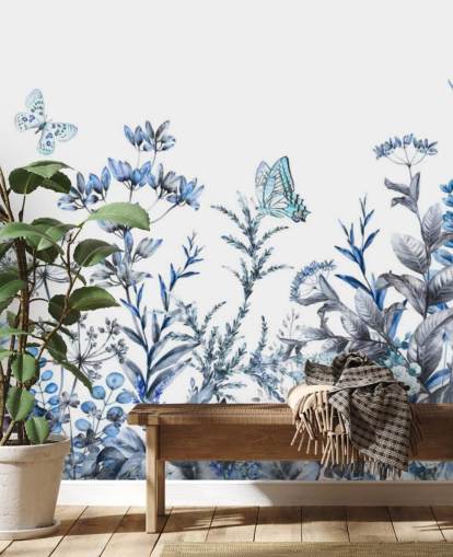 papel pintado floral azul y blanco