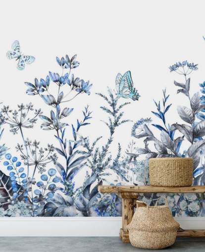 carta da parati floreale blu e bianca