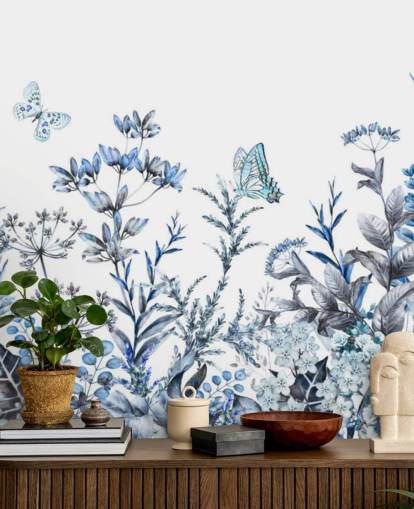 papel de parede floral azul e branco