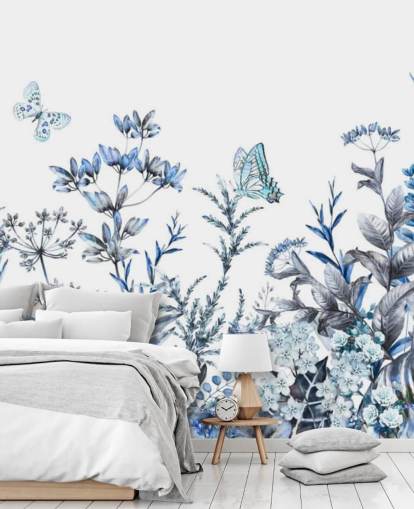 papel pintado floral azul y blanco