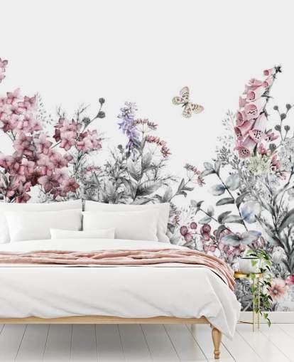 carta da parati floreale rosa, bianca e grigia