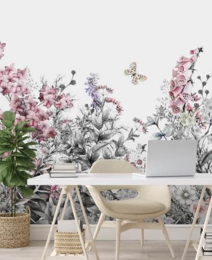 pink, white and gray floral wallpaper