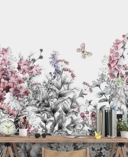 papel pintado floral rosa, blanco y gris