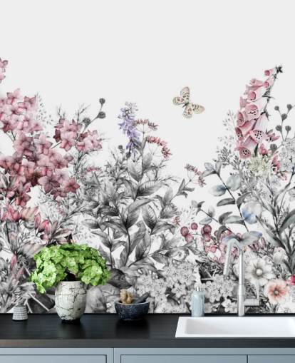 papel de parede floral rosa, branco e cinza