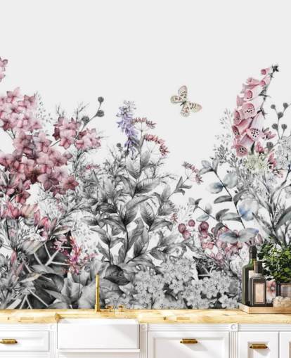 papel de parede floral rosa, branco e cinza