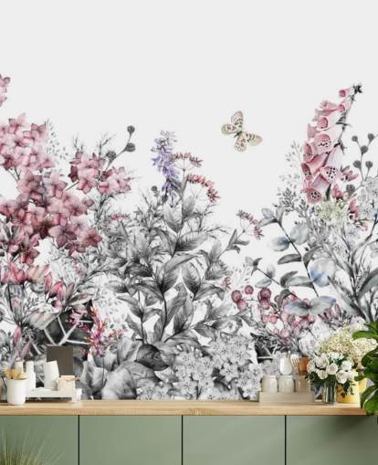 pink, white and gray floral wallpaper