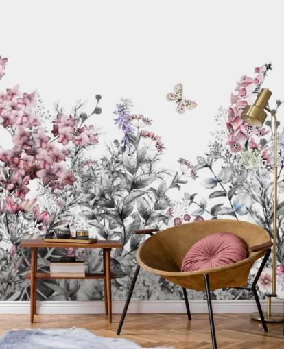 pink, white and grey floral wallpaper