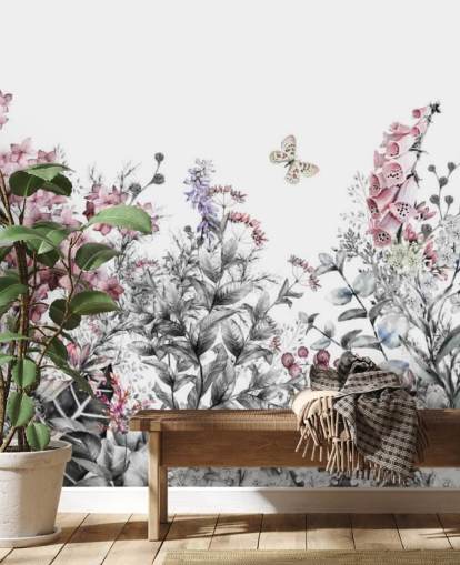 pink, white and grey floral wallpaper
