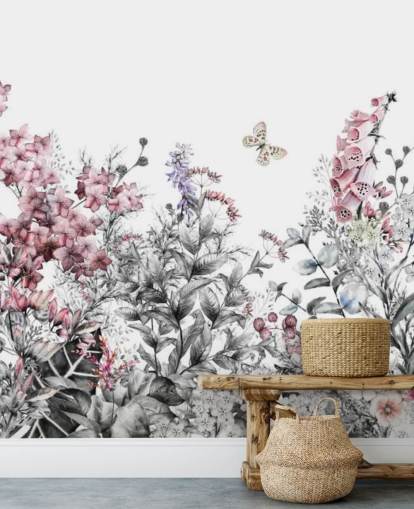 papel pintado floral rosa, blanco y gris