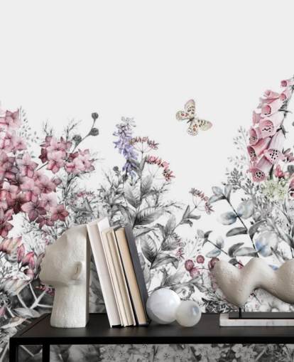 pink, white and grey floral wallpaper