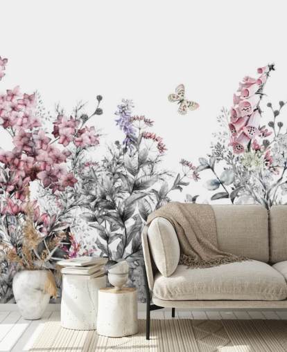 papier peint fleuri rose, blanc et gris