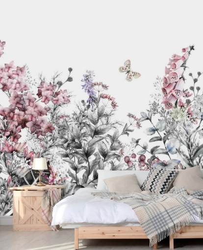 papier peint fleuri rose, blanc et gris