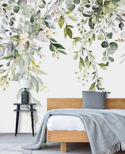 mural de papel de parede de folhas penduradas brancas e verdes chamado Herbal Branch Leaves para salas de jantar, quartos e salas de estar