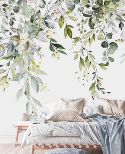 white and green hanging leaves wallpaper mural called Herbal Branch Leaves for dining rooms, bedrooms and living rooms