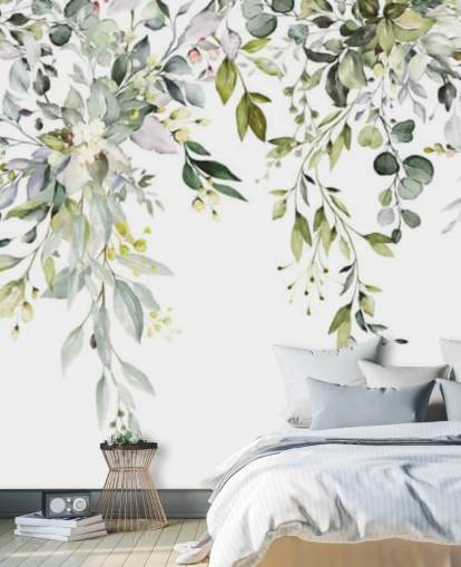 Wandtapete mit weißen und grünen Blättern zum Aufhängen mit dem Titel Herbal Branch Leaves für Esszimmer, Schlafzimmer und Wohnzimmer