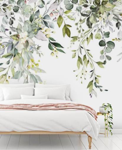 hvite og grønne hengende blader tapetmaleri kalt Herbal Branch Leaves for spisestuer, soverom og stuer