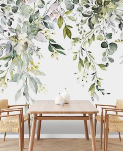 mural de papel pintado con hojas colgantes blancas y verdes llamado Herbal Branch Leaves para comedores, dormitorios y salas de estar