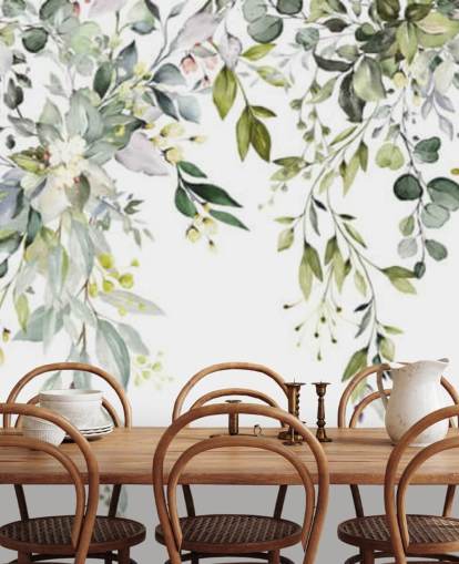 white and green hanging leaves wallpaper mural called Herbal Branch Leaves for dining rooms, bedrooms and living rooms