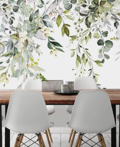 white and green hanging leaves wallpaper mural called Herbal Branch Leaves for dining rooms, bedrooms and living rooms