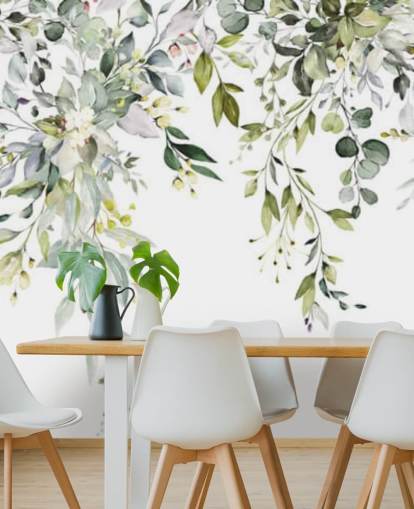 papier peint mural de feuilles suspendues blanches et vertes appelé Herbal Branch Leaves pour les salles à manger, les chambres et les salons