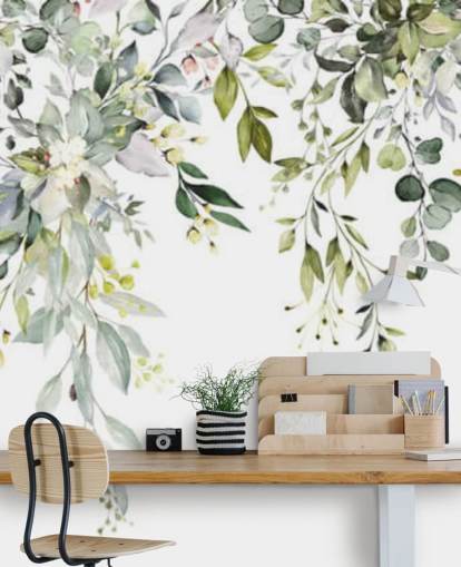 mural de papel pintado con hojas colgantes blancas y verdes llamado Herbal Branch Leaves para comedores, dormitorios y salas de estar mural de papel pintado con hojas colgantes blancas y verdes llamado Herbal Branch Leaves para comedores, dormitorios y salas de estar