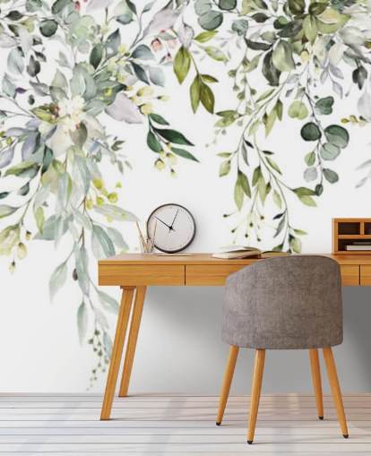 carta da parati murale con foglie pendenti bianche e verdi chiamate Herbal Branch Leaves per sale da pranzo, camere da letto e salotti carta da parati murale con foglie pendenti bianche e verdi chiamate Herbal Branch Leaves per sale da pranzo, camere da letto e salotti