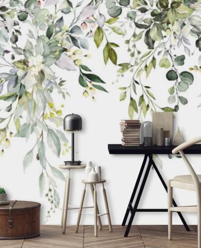 carta da parati murale con foglie pendenti bianche e verdi chiamate Herbal Branch Leaves per sale da pranzo, camere da letto e salotti carta da parati murale con foglie pendenti bianche e verdi chiamate Herbal Branch Leaves per sale da pranzo, camere da letto e salotti