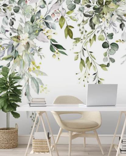 white and green hanging leaves wallpaper mural called Herbal Branch Leaves for dining rooms, bedrooms and living rooms white and green hanging leaves wallpaper mural called Herbal Branch Leaves for dining rooms, bedrooms and living rooms
