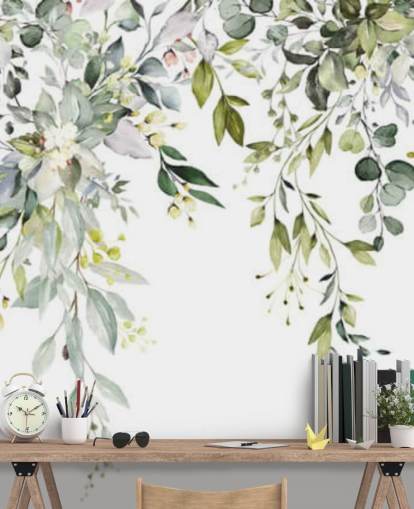white and green hanging leaves wallpaper mural called Herbal Branch Leaves for dining rooms, bedrooms and living rooms