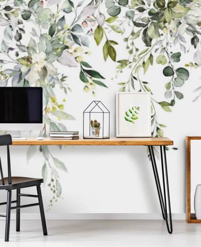 mural de papel de parede de folhas penduradas brancas e verdes chamado Herbal Branch Leaves para salas de jantar, quartos e salas de estar