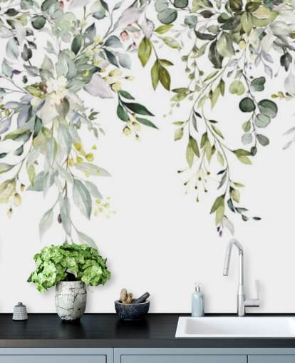 white and green hanging leaves wallpaper mural called Herbal Branch Leaves for dining rooms, bedrooms and living rooms