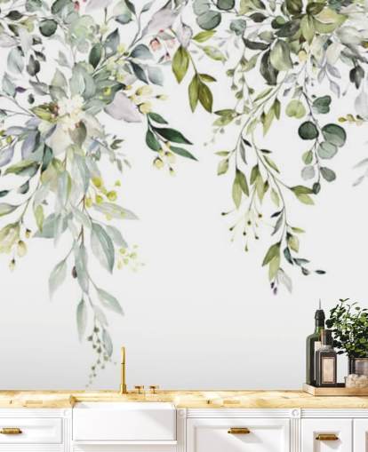 papier peint mural de feuilles suspendues blanches et vertes appelé Herbal Branch Leaves pour les salles à manger, les chambres et les salons