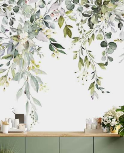 carta da parati murale con foglie pendenti bianche e verdi chiamate Herbal Branch Leaves per sale da pranzo, camere da letto e salotti
