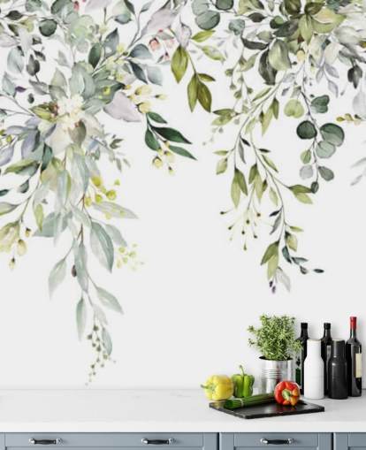 mural de papel de parede de folhas penduradas brancas e verdes chamado Herbal Branch Leaves para salas de jantar, quartos e salas de estar