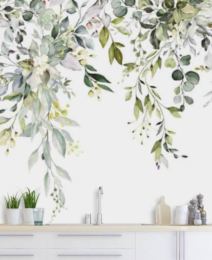 hvite og grønne hengende blader tapetmaleri kalt Herbal Branch Leaves for spisestuer, soverom og stuer