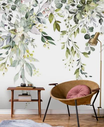 papier peint mural de feuilles suspendues blanches et vertes appelé Herbal Branch Leaves pour les salles à manger, les chambres et les salons papier peint mural de feuilles suspendues blanches et vertes appelé Herbal Branch Leaves pour les salles à manger, les chambres et les salons