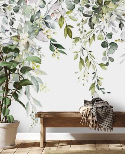 hvide og grønne hængende blade tapetmaleri kaldet Herbal Branch Leaves til spisestuer, soveværelser og stuer hvide og grønne hængende blade tapetmaleri kaldet Herbal Branch Leaves til spisestuer, soveværelser og stuer