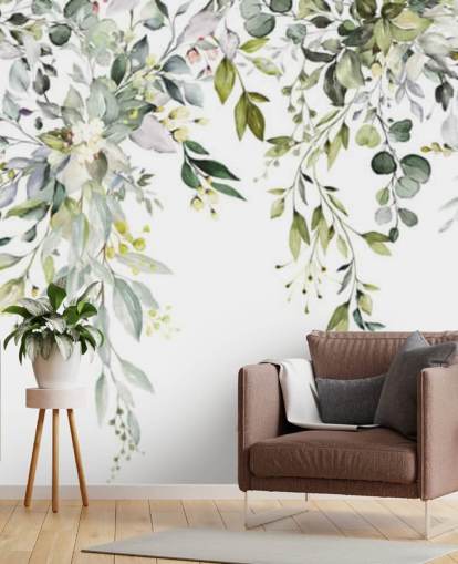 witte en groene hangende bladeren behangmuurschildering genaamd Herbal Branch Leaves voor eetkamers, slaapkamers en woonkamers