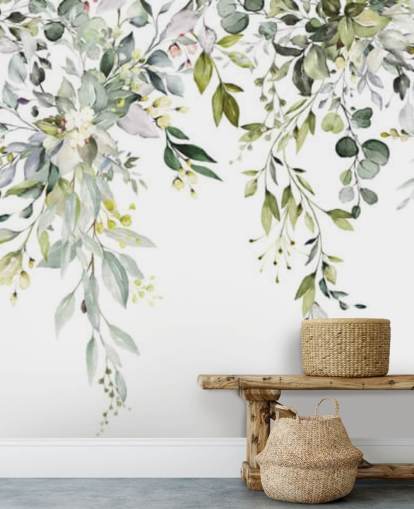 papier peint mural de feuilles suspendues blanches et vertes appelé Herbal Branch Leaves pour les salles à manger, les chambres et les salons papier peint mural de feuilles suspendues blanches et vertes appelé Herbal Branch Leaves pour les salles à manger, les chambres et les salons