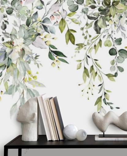 mural de papel pintado con hojas colgantes blancas y verdes llamado Herbal Branch Leaves para comedores, dormitorios y salas de estar