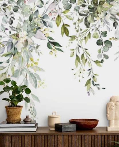 white and green hanging leaves wallpaper mural called Herbal Branch Leaves for dining rooms, bedrooms and living rooms