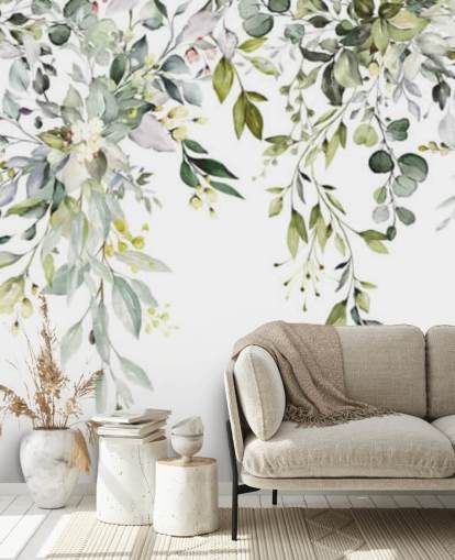 mural de papel pintado con hojas colgantes blancas y verdes llamado Herbal Branch Leaves para comedores, dormitorios y salas de estar