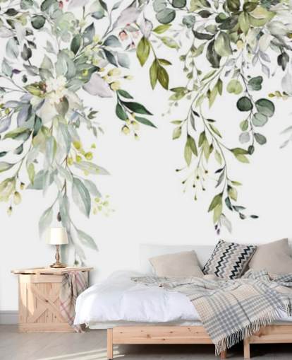 white and green hanging leaves wallpaper mural called Herbal Branch Leaves for dining rooms, bedrooms and living rooms