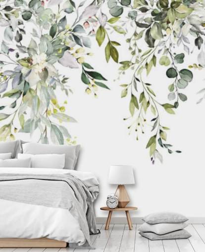 papier peint mural de feuilles suspendues blanches et vertes appelé Herbal Branch Leaves pour les salles à manger, les chambres et les salons papier peint mural de feuilles suspendues blanches et vertes appelé Herbal Branch Leaves pour les salles à manger, les chambres et les salons