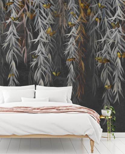 carta da parati foglie scure e farfalle