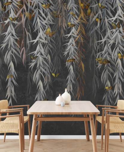 Tapete mit dunklen Blättern und Schmetterlingen Tapete mit dunklen Blättern und Schmetterlingen