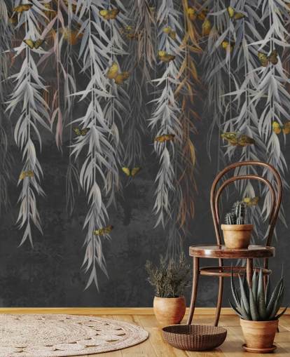 Tapete mit dunklen Blättern und Schmetterlingen