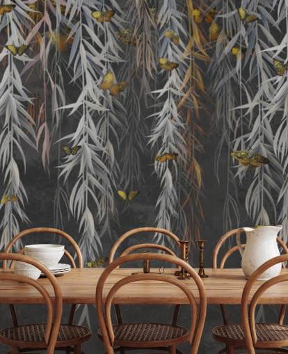 folhas escuras e papel de parede borboletas