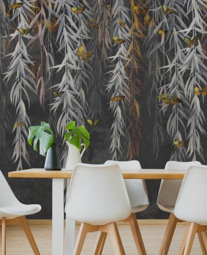 Tapete mit dunklen Blättern und Schmetterlingen